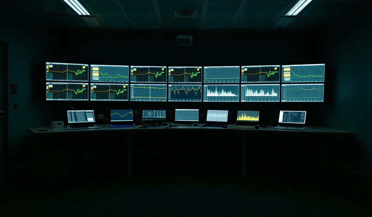 Energy infrastructure operations center with grid monitoring displays