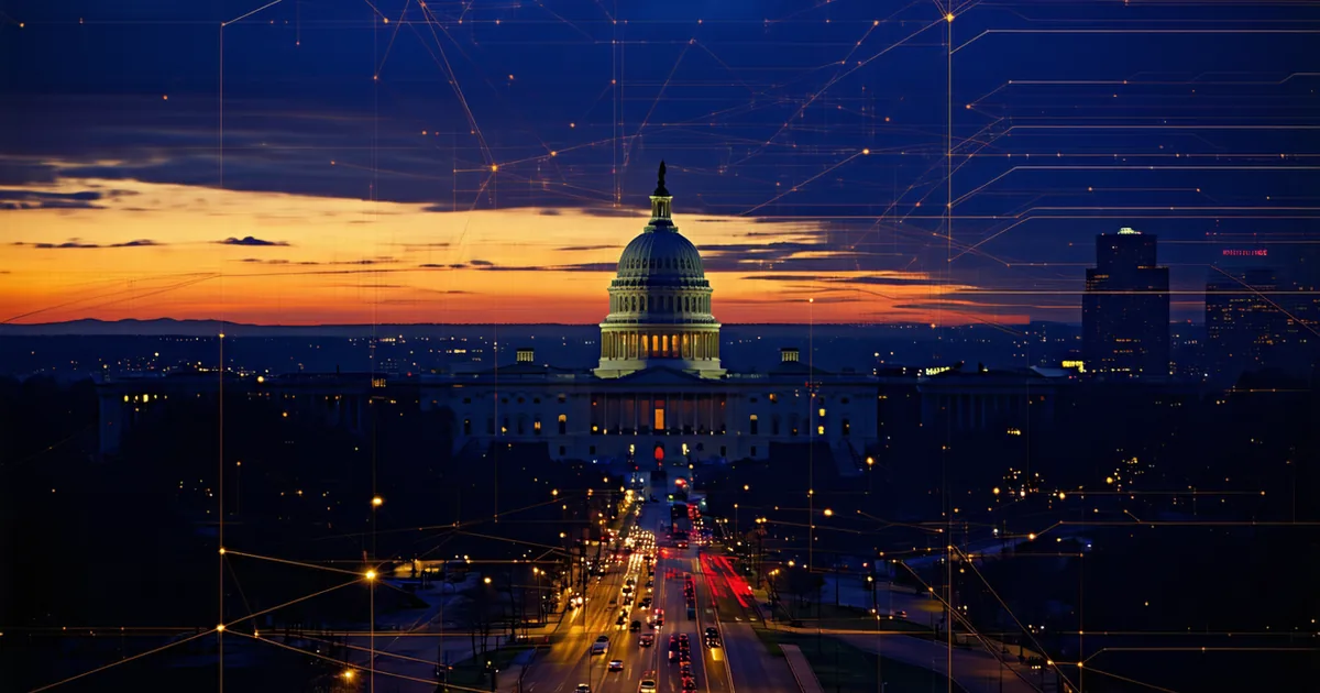Washington DC skyline with energy policy documents and PJM grid map overlay